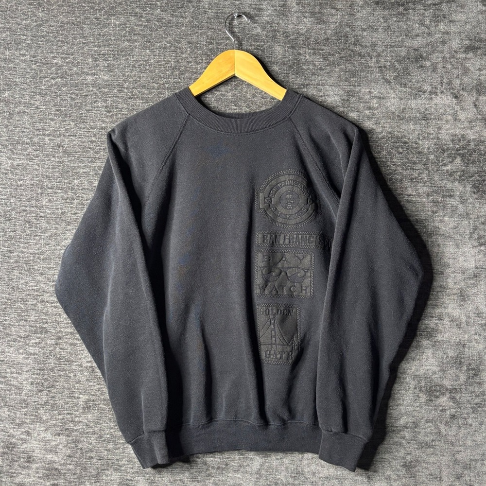 90s Vintage Hanes San Francisco Bay Watch Sweatshirt Black L Made in USA Raglan
